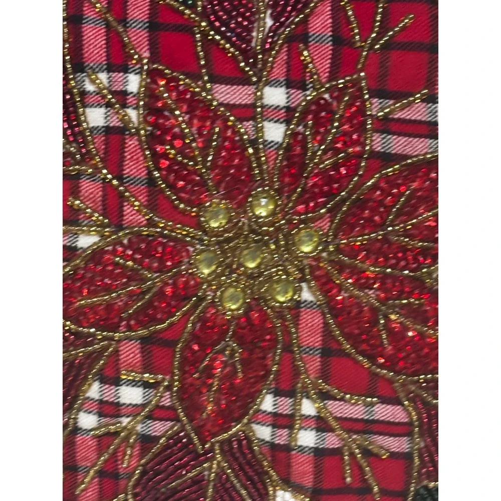 Beaded Poinsettia Plaid Christmas Decor Pillow Red Green Ivory 11